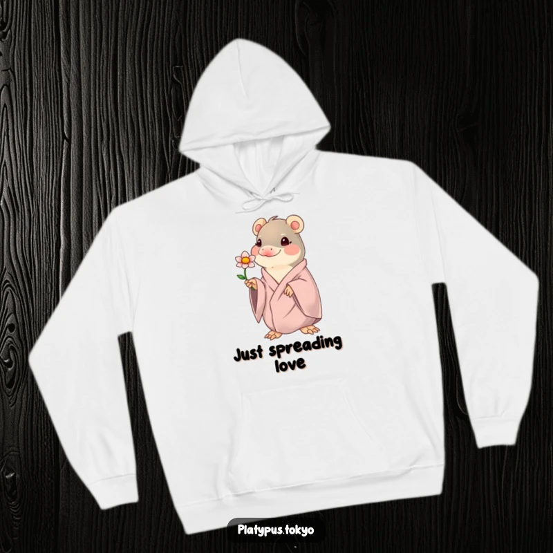 Funny kawaii platypus offering a flower, on a warm hoodie, for cozy and gentle humorous comfort.