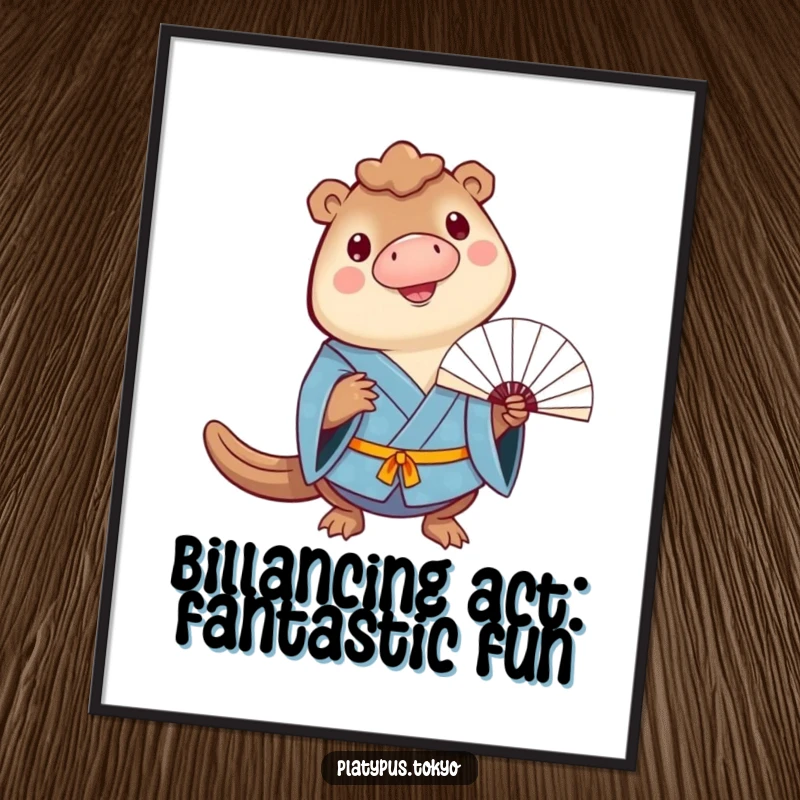 Funny Free Printable Wall Art of a cheerful platypus in a blue kimono balancing a fan on its bill with a happy, delightful pose.
