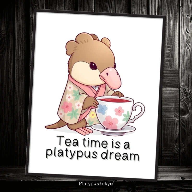 Funny Free Printable Wall Art of a platypus in a floral kimono gracefully dipping its beak into a teacup, exuding charm.
