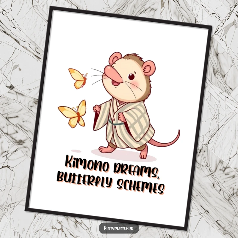 Funny Free Printable Wall Art: Playful platypus in a kimono chasing a fluttering paper butterfly