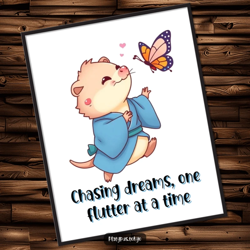 Funny Free Printable Wall Art: a cute platypus dressed in a flowing blue kimono playfully chases a colorful butterfly.