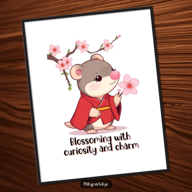 Funny Free Printable Wall Art: a stylized, small platypus in a scarlet kimono curiously examines a detailed blooming cherry blossom.