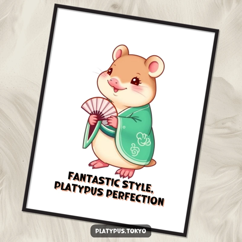 Funny Free Printable Wall Art: a dapper platypus adorned in a vibrant emerald green kimono holds a delicate fan.