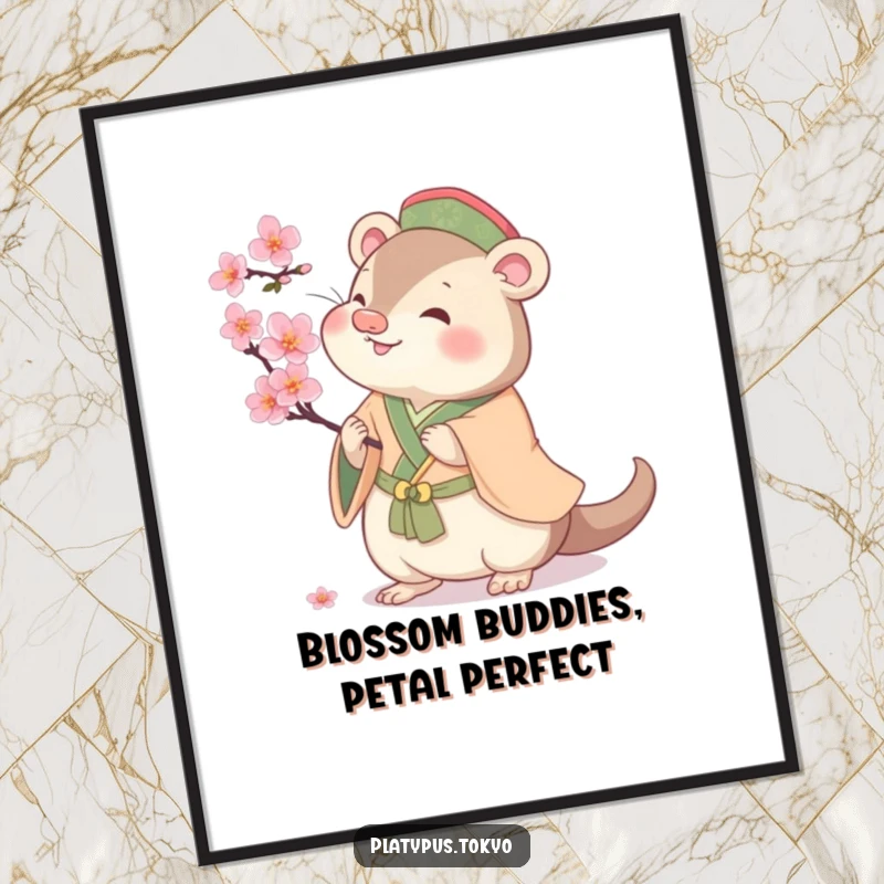Funny Free Printable Wall Art: Cherubic platypus in traditional clothes joyfully batting at a cherry blossom, whimsical and sweet.