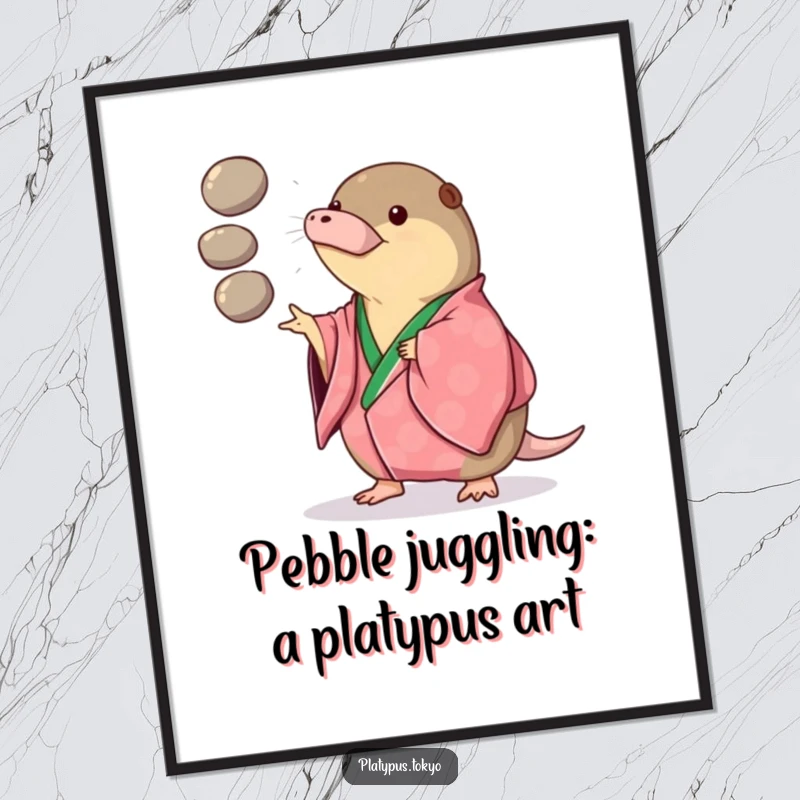 Funny Free Printable Wall Art of a platypus in a vibrant kimono playfully juggling three smooth, round pebbles with expert skill.