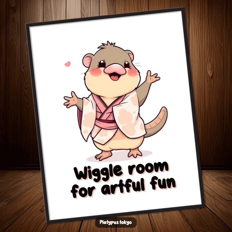 Funny Free Printable Wall Art: Platypus in a floral kimono doing a wiggly, comical dance, bringing laughter and movement to your space.