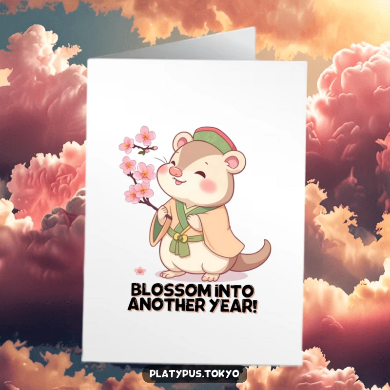 Funny Free Printable Birthday Card: Cherubic platypus in traditional clothes playfully batting at a delicate cherry blossom, cute and festive.
