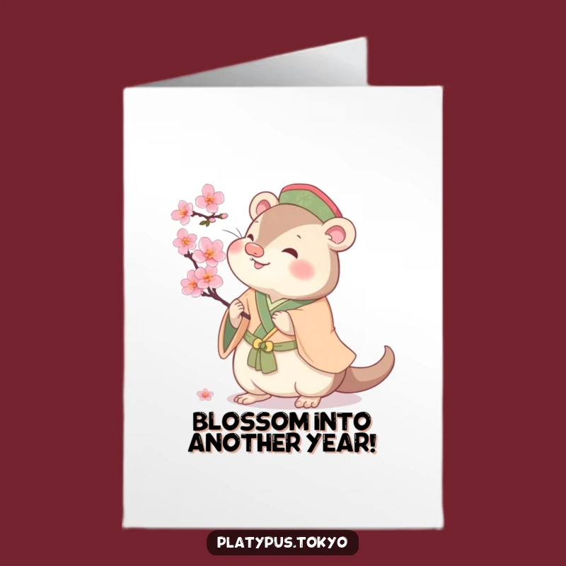 Free Printable Birthday Card: Playful Platypus & Cherry Blossom, Cute & Funny Downloadable Gift
