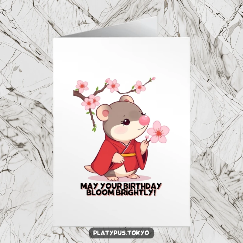Funny Free Printable Birthday Card: a small platypus in a scarlet kimono curiously examines a blooming cherry blossom.