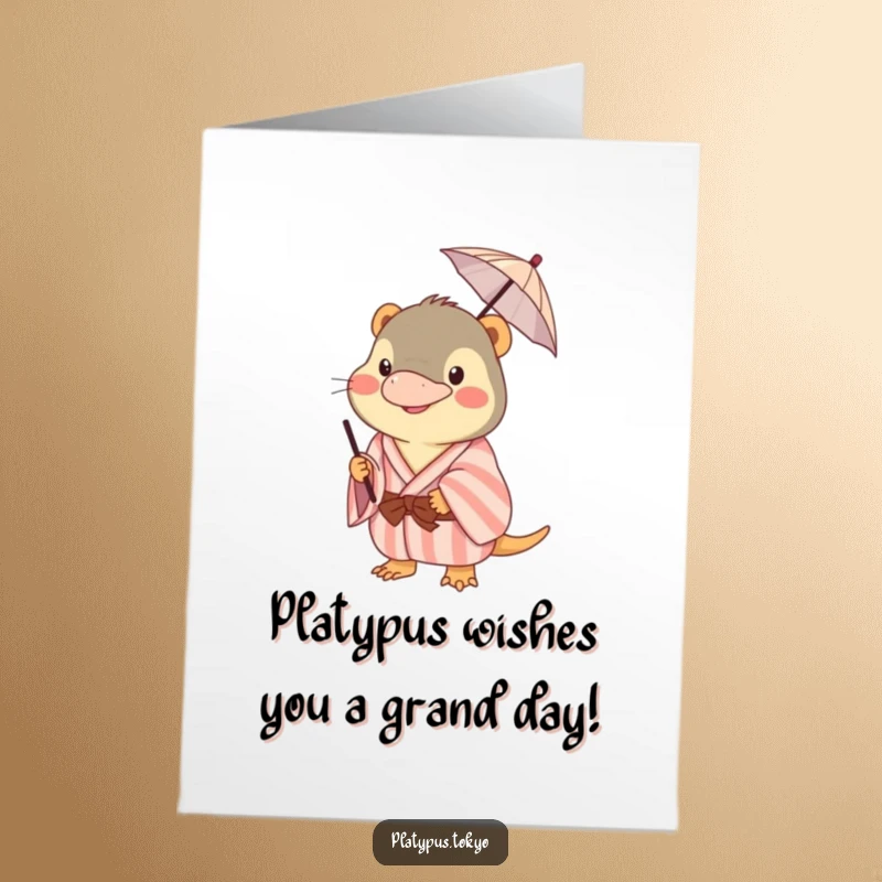Funny Free Printable Birthday Card: A happy platypus in a striped kimono precariously balances a tiny umbrella on its beak.
