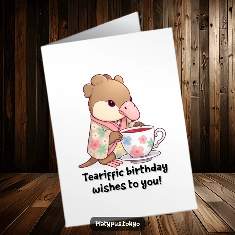 Funny Free Printable Birthday Card: a platypus in a floral kimono gracefully sips tea from a teacup with refined poise.