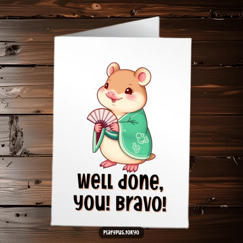 Funny Free Printable Congratulations Card: a platypus in a green kimono holds a fan, exuding grace and poise.