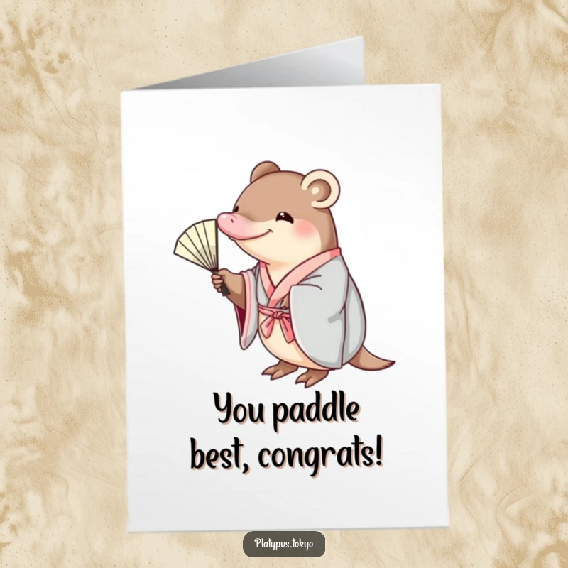 Funny Free Printable Congratulations Card: Graceful platypus in a kimono reaching for a fan, perfect for celebrating achievements.