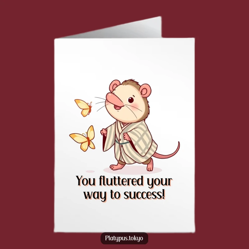 Free Printable Congrats Card: Zany Platypus in Kimono Chasing Butterfly
