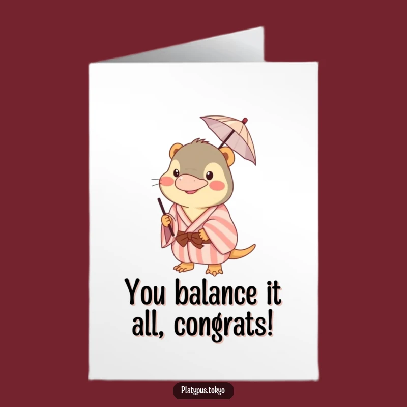 Free Printable Congrats Card: Whimsical Platypus Umbrella Balance Funny Downloadable Gift