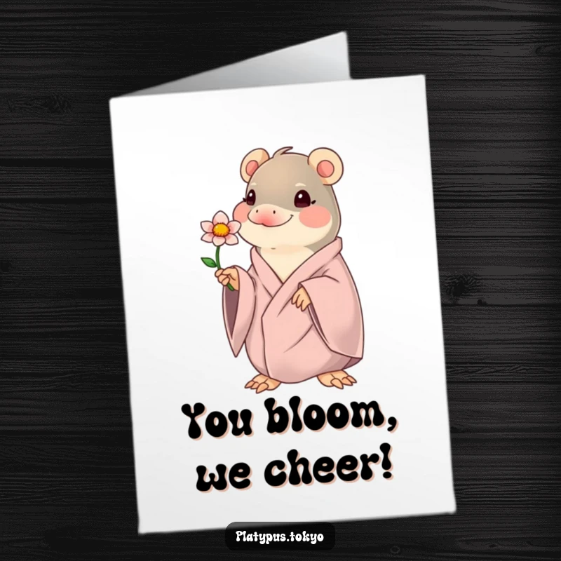 Funny Free Printable Congratulations Card: Kawaii platypus in elegant robes presenting a delicate blooming flower, symbolizing congratulations.