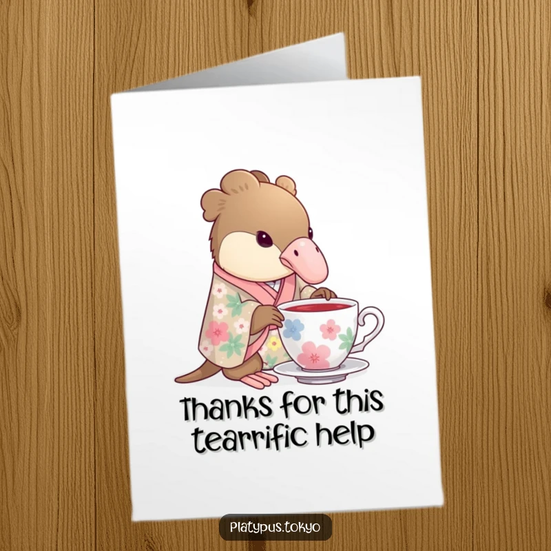 Funny Free Printable Thank You Card: a platypus in a floral kimono gracefully sips from a teacup, offering refined thanks.