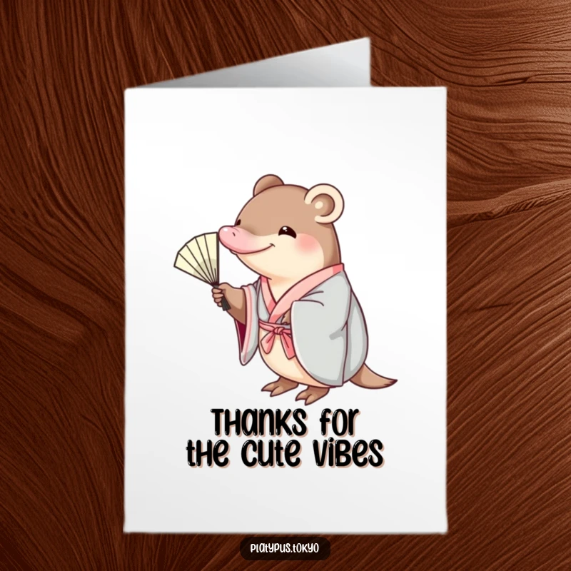 Funny Free Printable Thank You Card: Platypus in a kimono with a fan, expressing gratitude with a quirky, elegant charm.