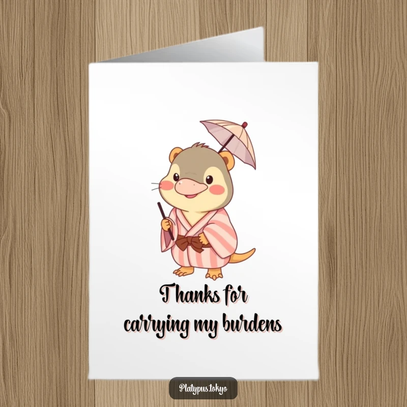 Funny Free Printable Thank You Card: Platypus in a kimono expertly balances a small umbrella on its beak.