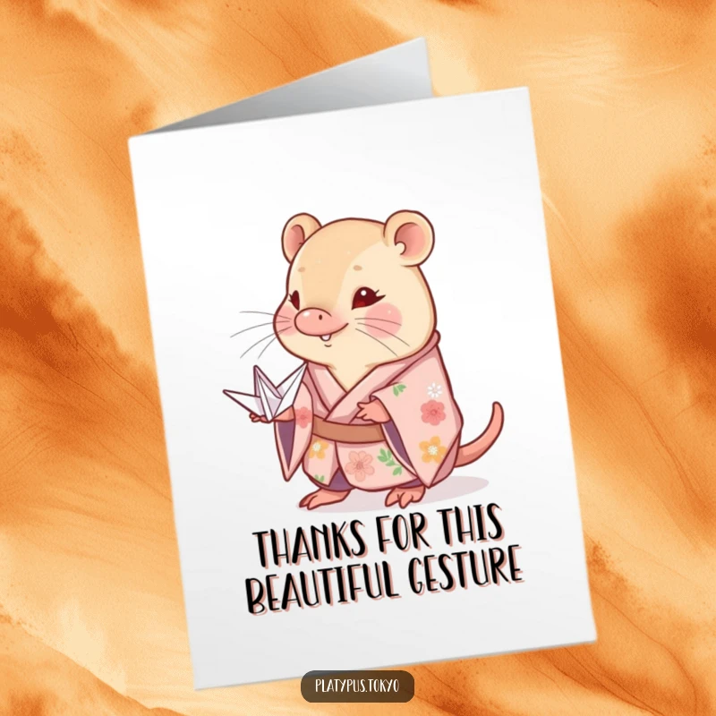 Funny Free Printable Thank You Card: A shy platypus in a floral kimono offers a meticulously folded paper crane.