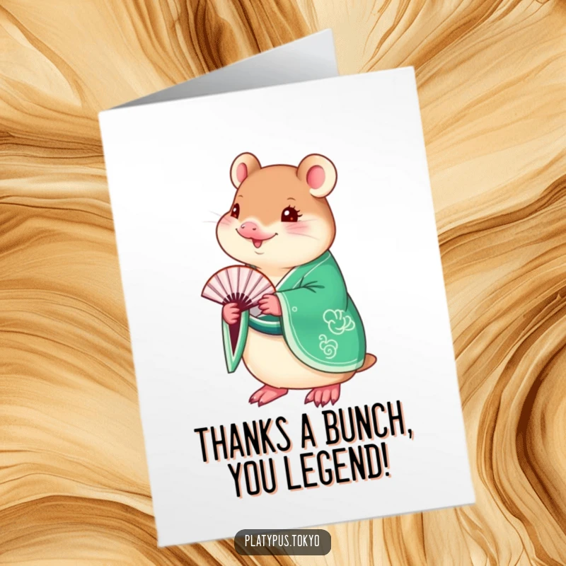 Funny Free Printable Thank You Card: a platypus in an emerald kimono gracefully holds a fan, conveying thanks.
