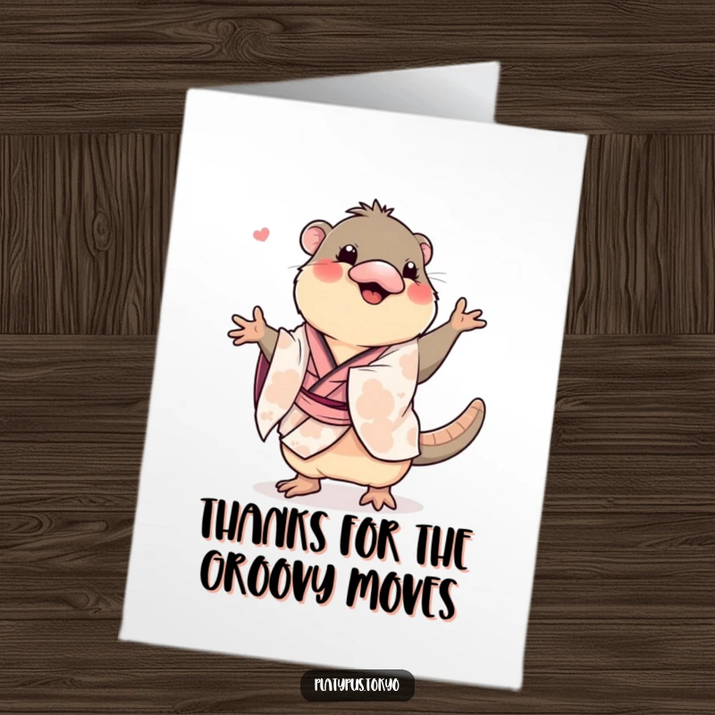 Funny Free Printable Thank You Card: Platypus in a kimono performing a hilarious, wiggly dance, expressing thanks with pure joy.