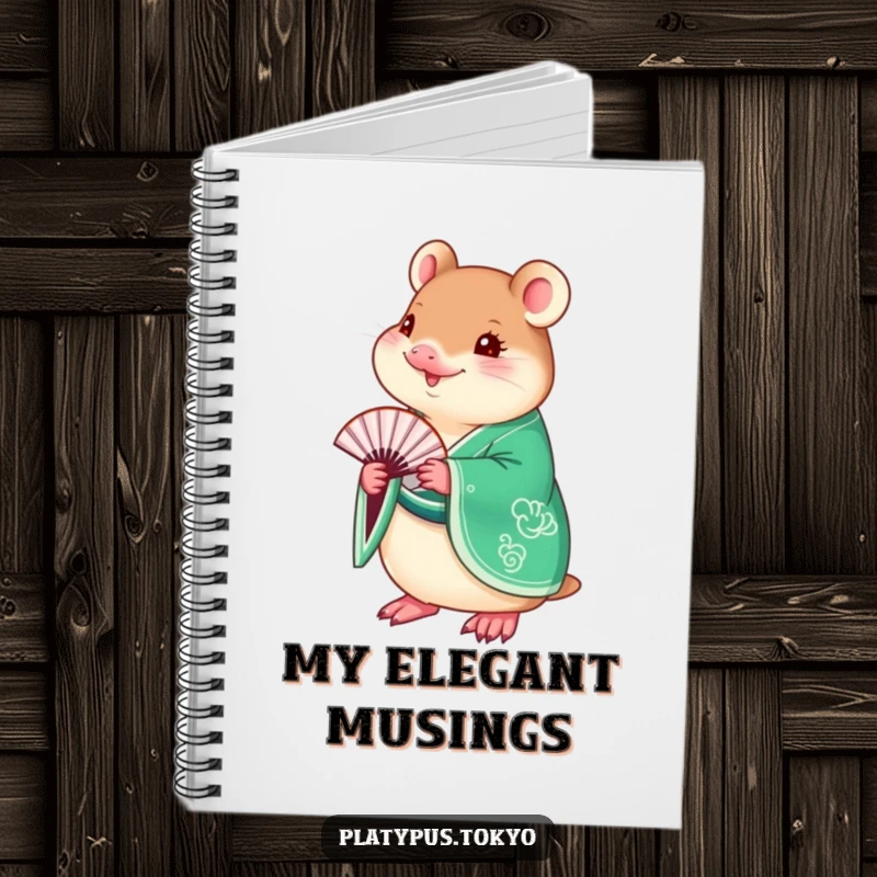 Funny Platypus Kimono Notebook cover with a charming platypus in a vibrant emerald green kimono, holding a delicate fan.