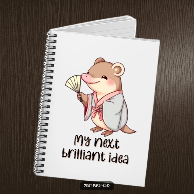Funny platypus in a kimono, reaching for a fan, on a notebook cover, for jotting down funny thoughts and ideas.