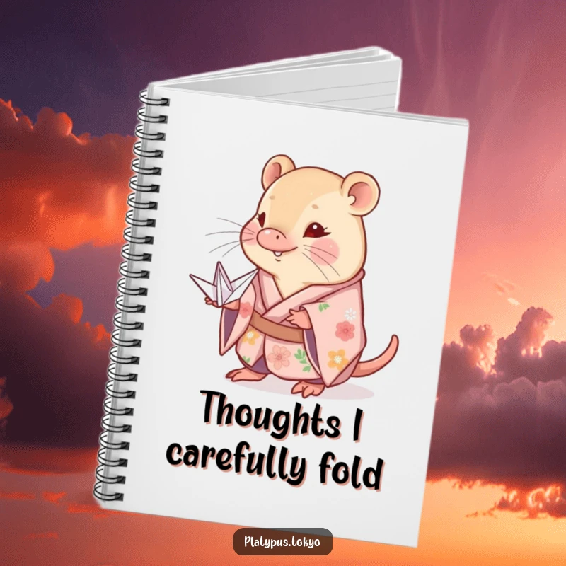 Funny shy platypus notebook with a floral kimono, offering a delicate paper crane, perfect for capturing peaceful reflections.
