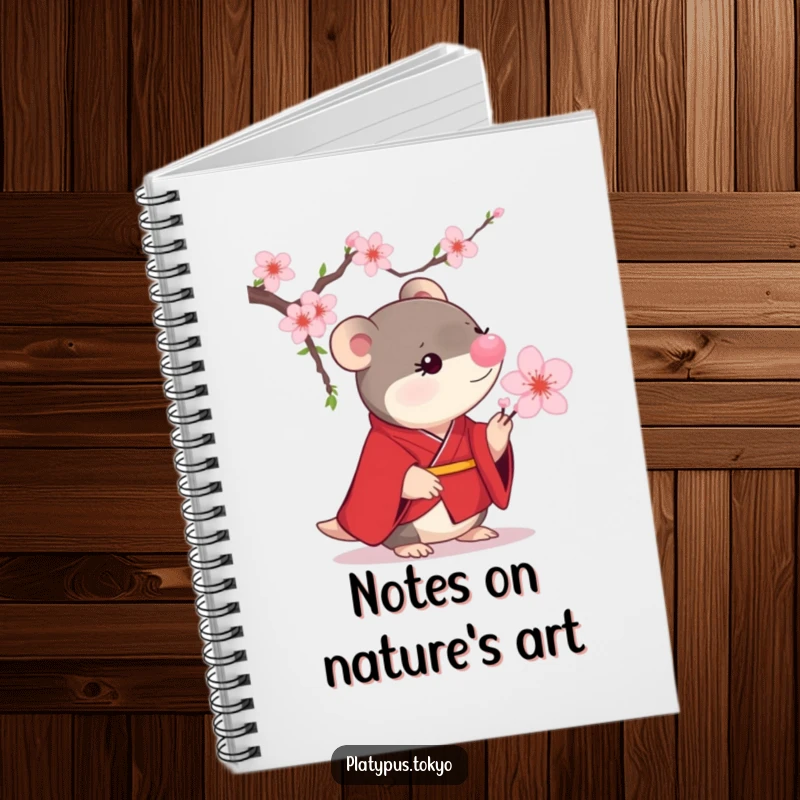 Funny Platypus Cherry Blossom Notebook cover with a small platypus in a scarlet kimono curiously examining a blooming cherry blossom.