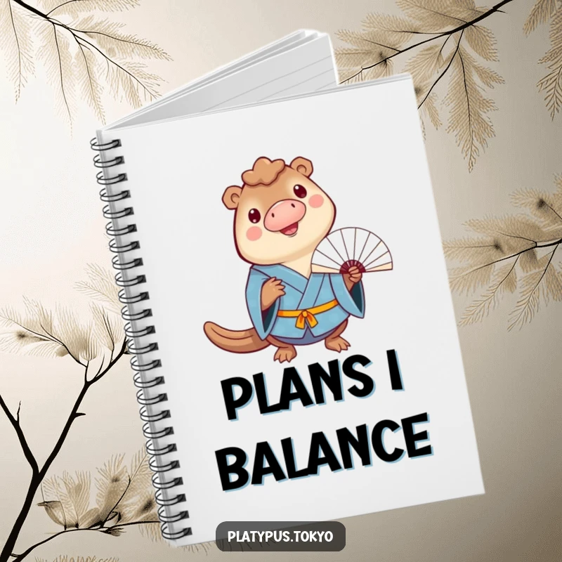 Funny Notebook with a cheerful platypus in a blue kimono balancing a fan on its bill, great for writing.