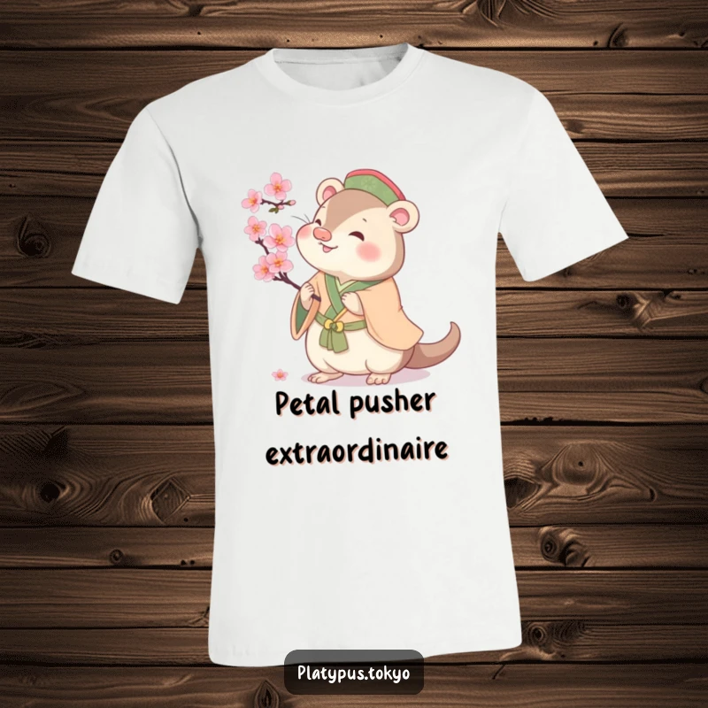 Funny cherubic platypus playfully batting at a cherry blossom, printed on a soft t-shirt, celebrating spring.