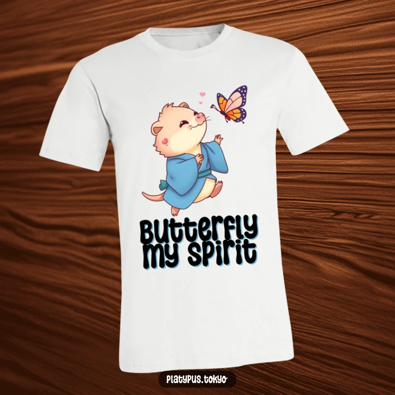 Funny Platypus Butterfly T-Shirt featuring a cute platypus in a flowing blue kimono playfully chasing a colorful butterfly.