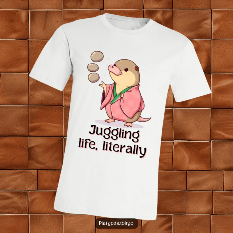 Funny T-Shirt showcasing a platypus in a vibrant kimono playfully juggling three smooth, round pebbles, full of energy.