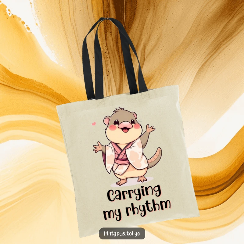 Funny platypus in a kimono doing a wiggly dance, on a tote bag, for carrying items with humor.