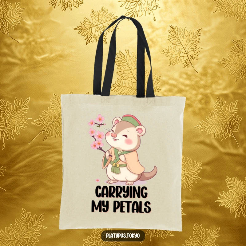 Funny cherubic platypus playfully batting at a cherry blossom, on a durable tote bag, for a stylish spring look.