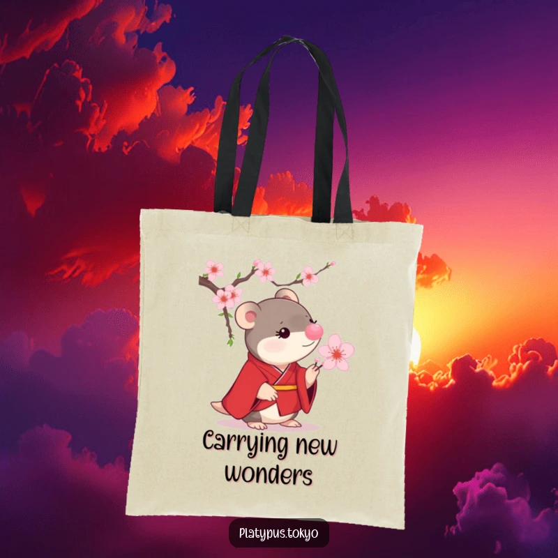 Funny Platypus Cherry Blossom Tote Bag showing a small platypus in a scarlet kimono curiously examining a blooming cherry blossom.