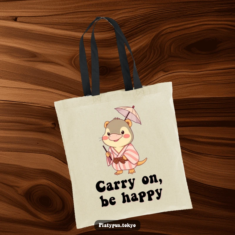 Funny platypus tote bag showcasing a happy animal in a pastel kimono, humorously balancing a miniature umbrella on its beak.