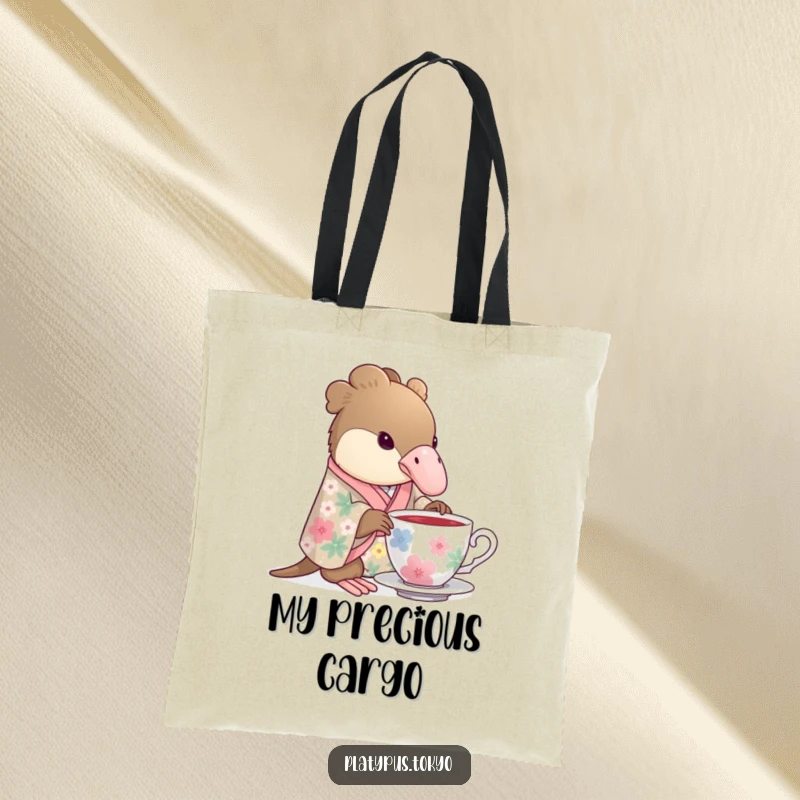 Funny Tote Bag with a platypus wearing a floral kimono gracefully dipping its beak into a teacup, for stylish errands.