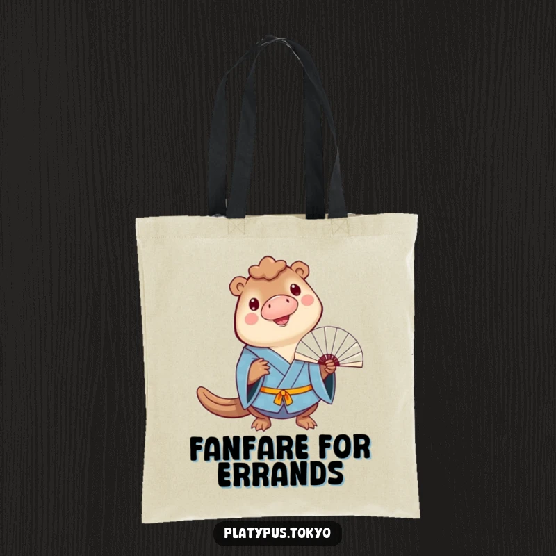 Funny Tote Bag with a cheerful platypus in a blue kimono balancing a fan on its bill, ready for errands.